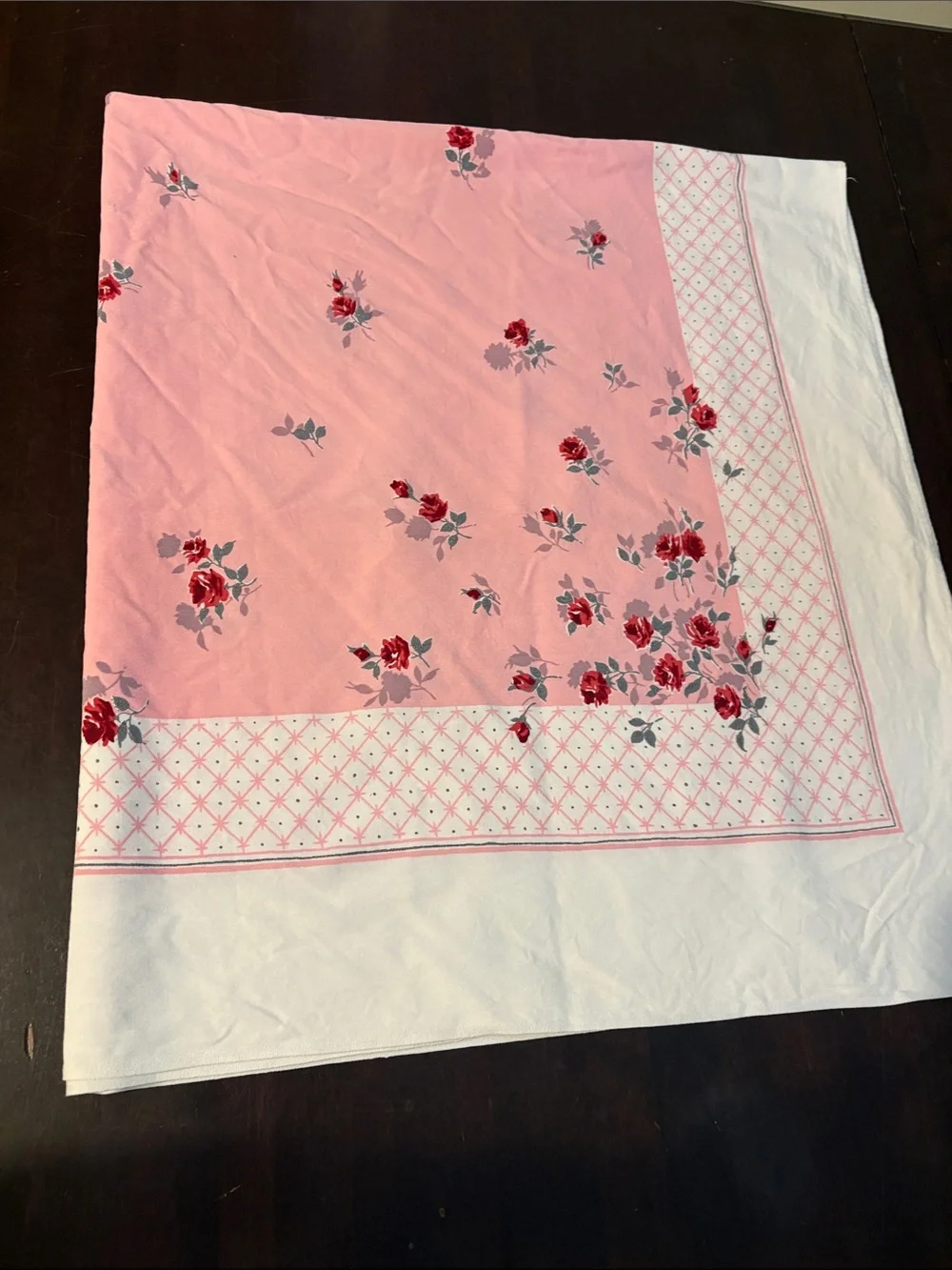 Vintage Pink Floral Tablecloth with Roses